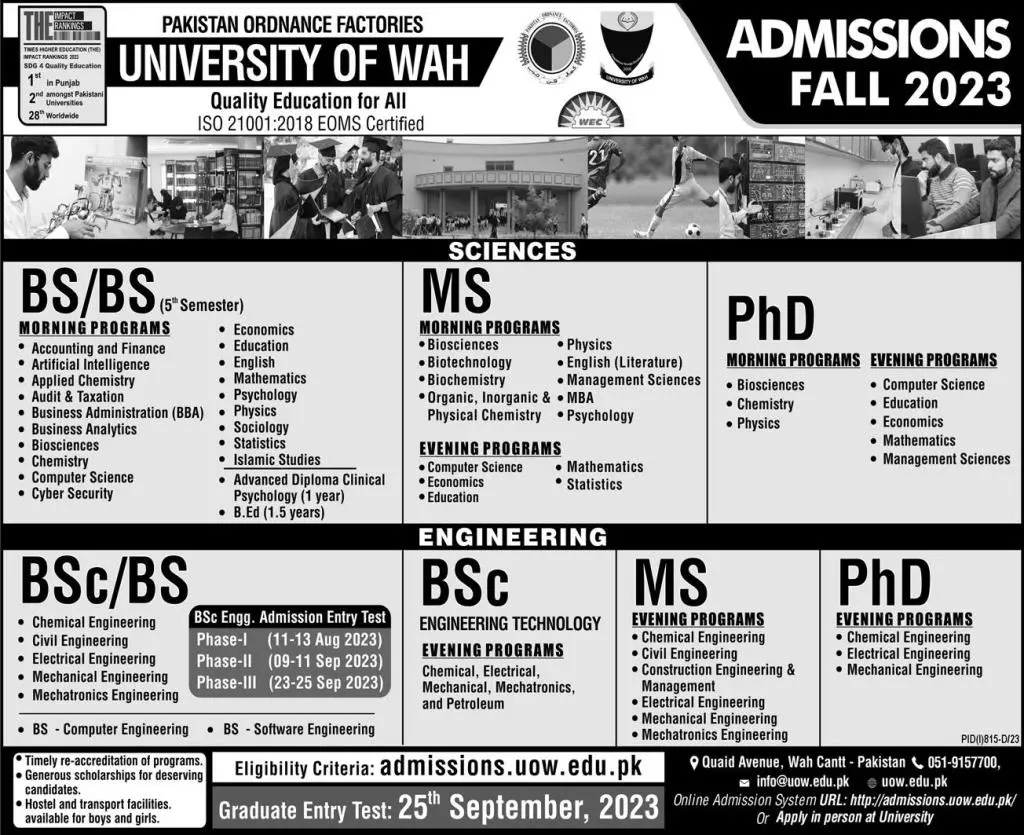 University of Wah Admission 2024 Merit List
