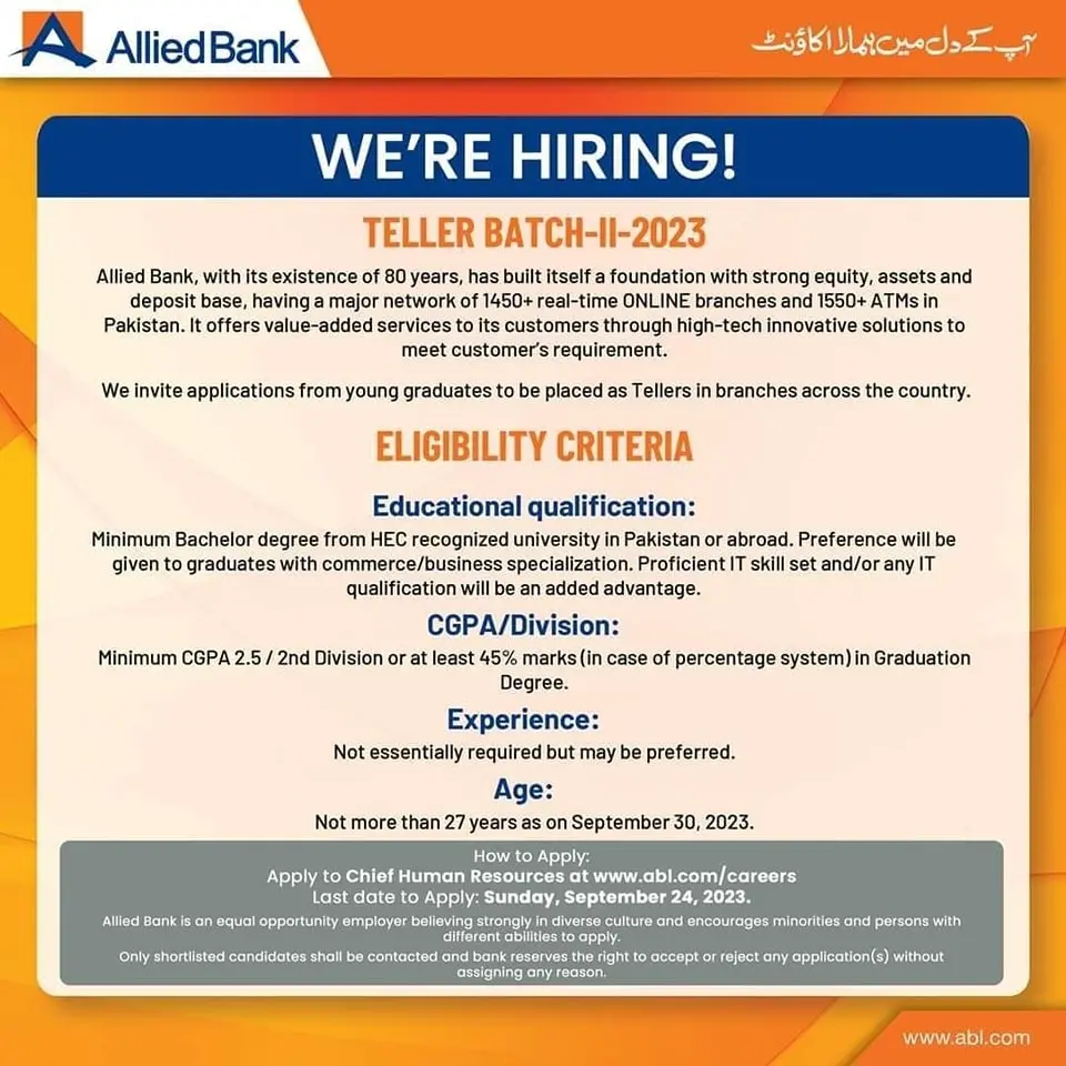 Allied Bank ABL Tellers Position 2024