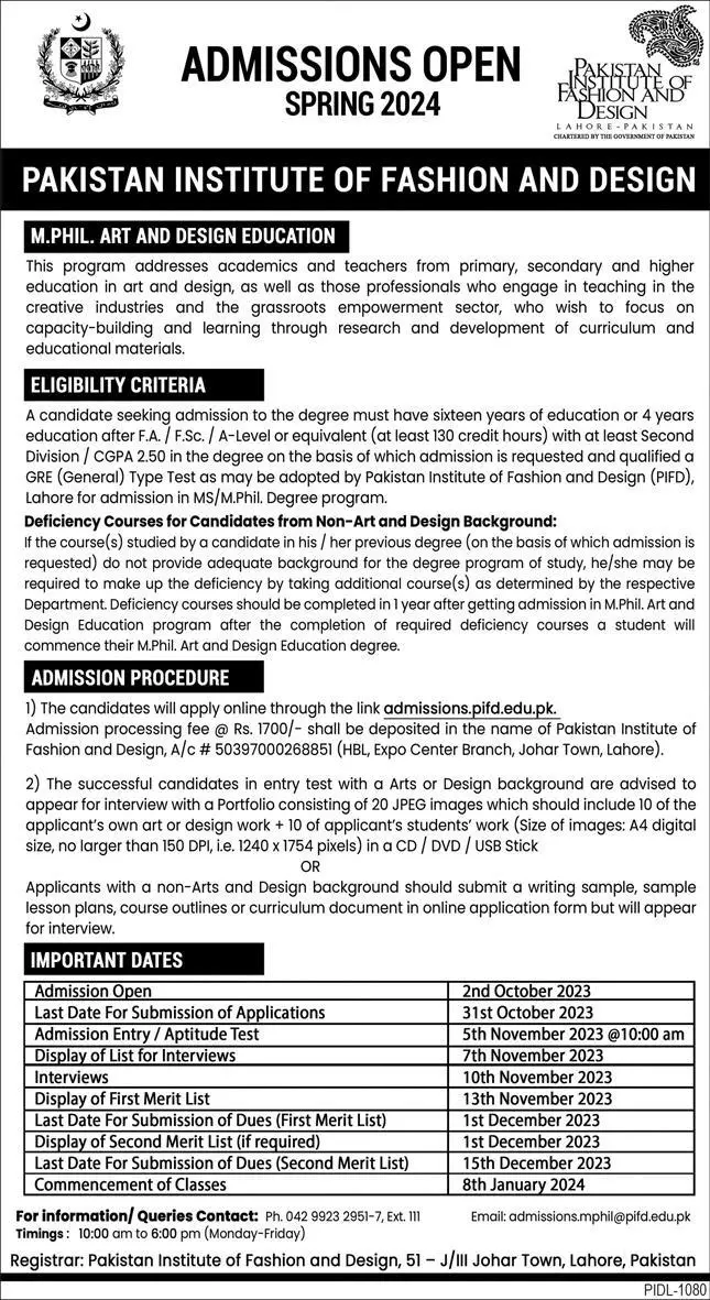 PIFD Lahore Mphil Admission 2024