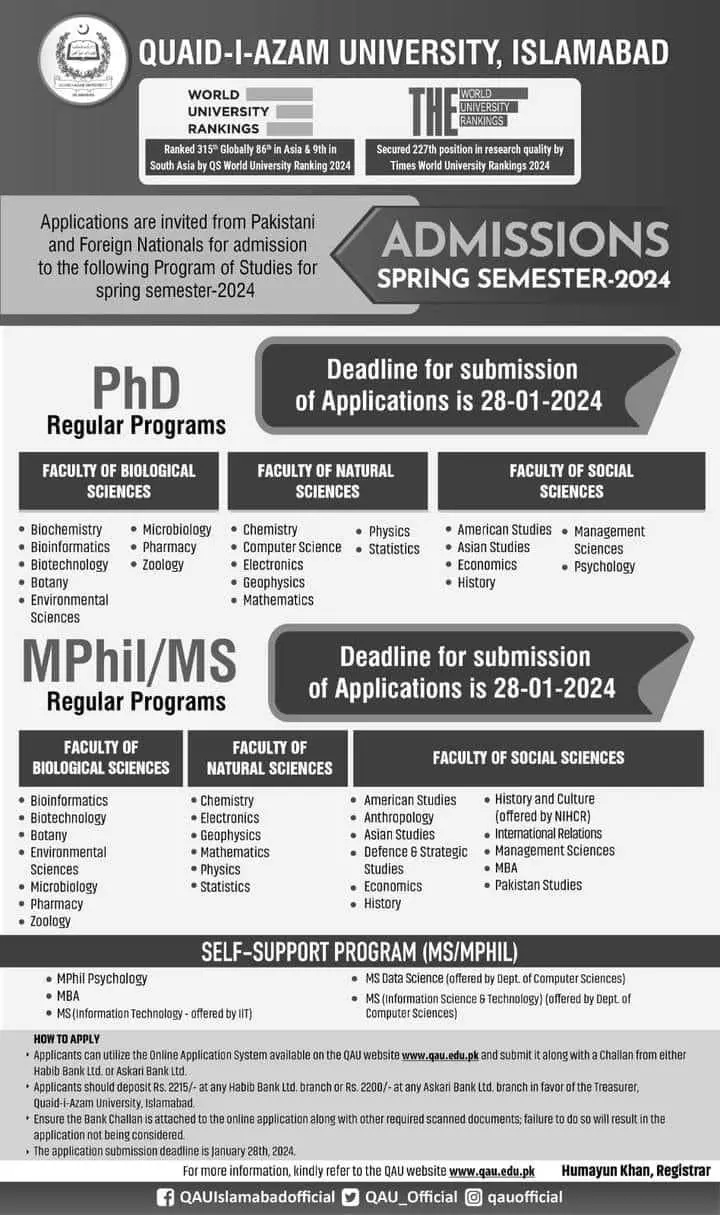 Quaid e Azam University Islamabad Admission 2024