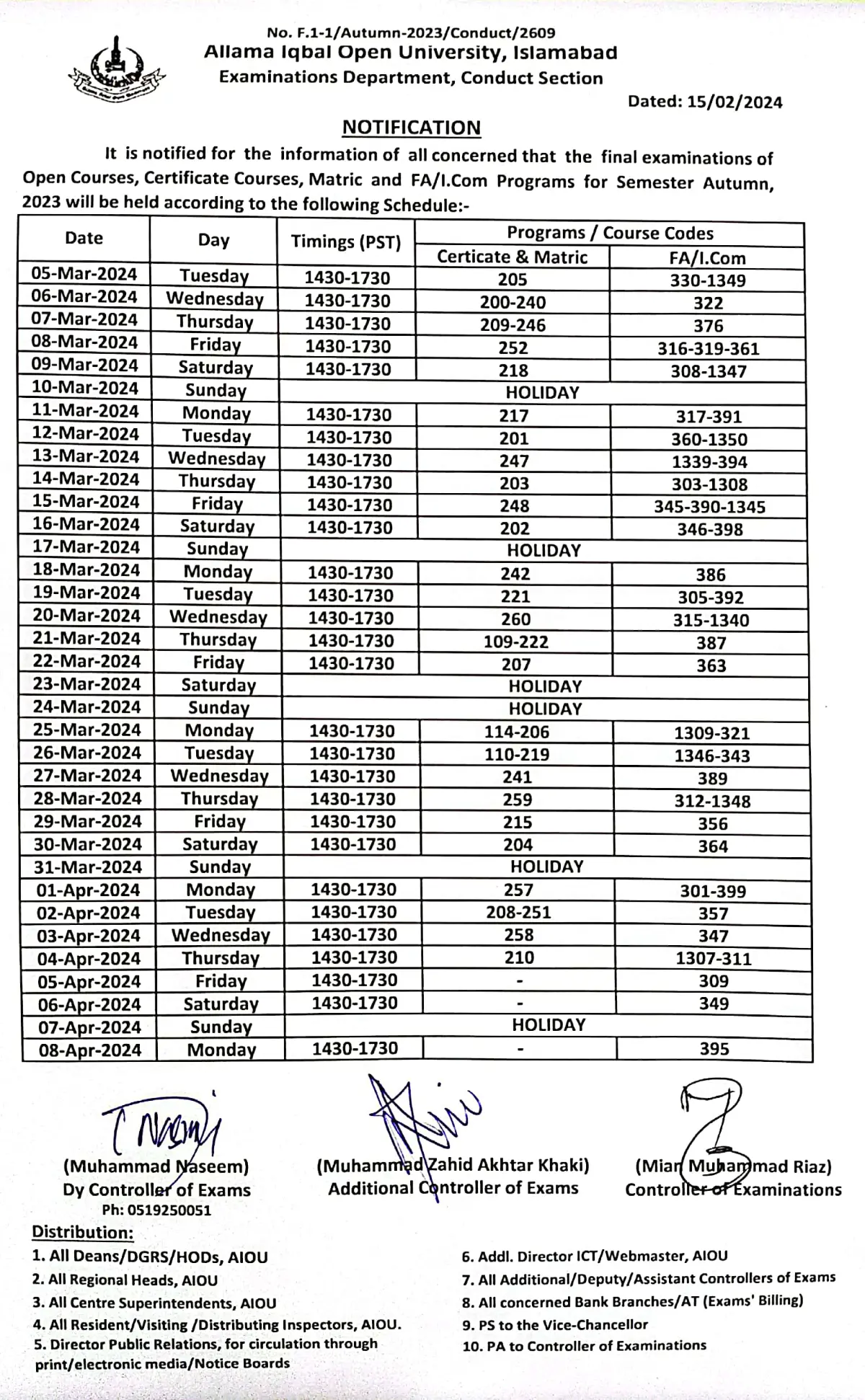 AIOU Date Sheet 2024