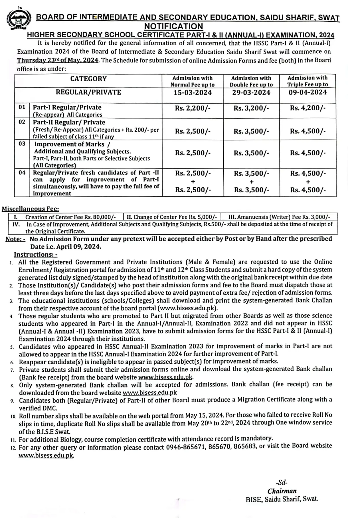 BISE Swat Exam Date Inter 2024