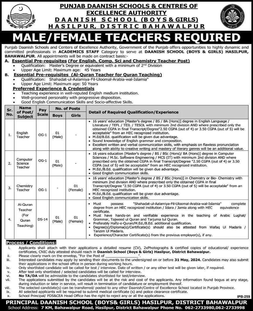 Punjab Daanish school hasilpur Teaching Jobs 2024