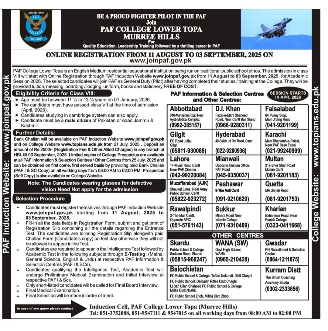 PAF College Lower Topa Murree Admission 2026