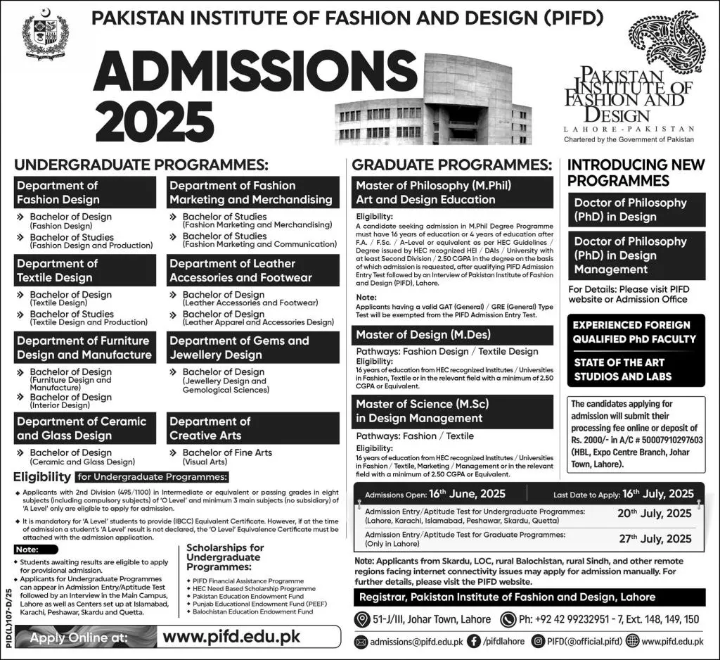 PIFD Lahore Admission 2025