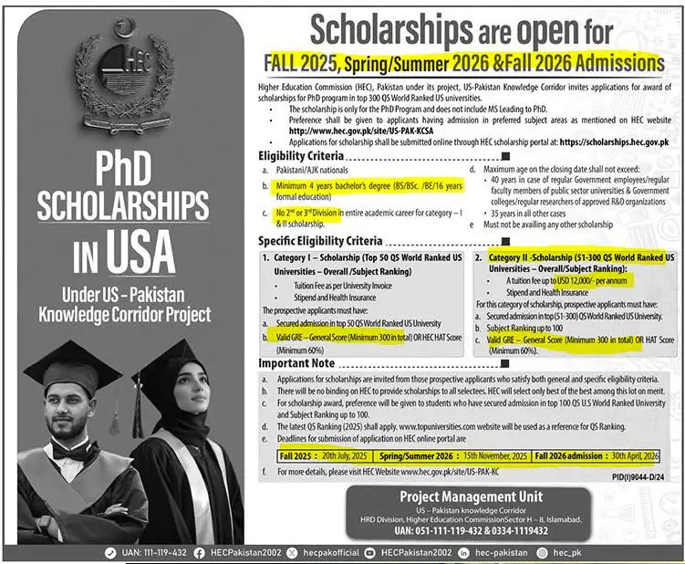 PhD Scholarships in USA for Pakistan 2026
